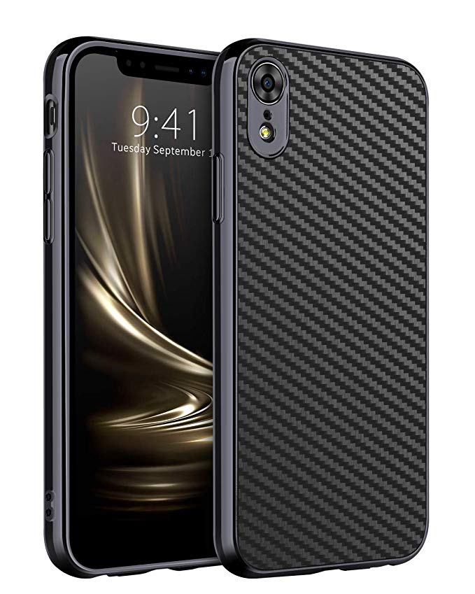 iPhone XR Case,DUEDUE Case for iPhone XR 6.1,Luxury PU Leather Slim Hybrid Hard PC Carbon Fiber Texture Cover Shockproof Non-Slip Solid Color Protective Phone Case for iPhone XR 6.1"for Men Women,Black