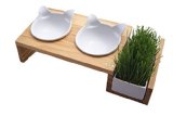 ViviPet Cat Dining Table - 15 Tilted Platform Pet Feeder Solid Pine Stand with Ceramic Bowls - Elevated Cat feeder Raised Cat Bowl Mykonos Collection