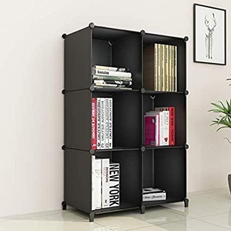 SIMPDIY Portable Storage Organizer Plastic Cubes Sturdy Bookshelf 6 Cubes Black Multi-Function Space-Saving Shelves Plastic Sheves Rack