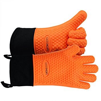 BBQ Grilling Gloves, GEEKHOM Silicone Gloves Heat Resistant Oven Mitts, Waterproof Non-slip Potholder with Extended Protection & Internal Cotton Layer for Barbecue, Cooking, Baking (Orange)