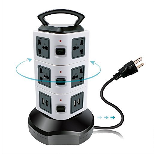 Surge Protector Power Strip Tower With USB,Smart Multi Outlet Plug With Universal Electric Socket [Long Retractable Extension Cord][10 Outlet Plugs] 4 USB Slot, 6.5 feet