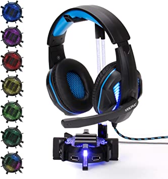 ENHANCE Gaming Headset Stand Headphone Holder with 4 Port USB Hub, Customizable LED Lighting, Flexible Acrylic Neck - Universal Hanger with Weighted Base for Desktop Audio Organization