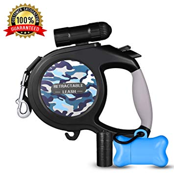 Retractable Dog Leash, Dog Walking Leash for Medium Large Dogs up to 110lbs, LED Light &Dog Waste Dispenser Bags included, Tangle Free, One Button Break & Lock