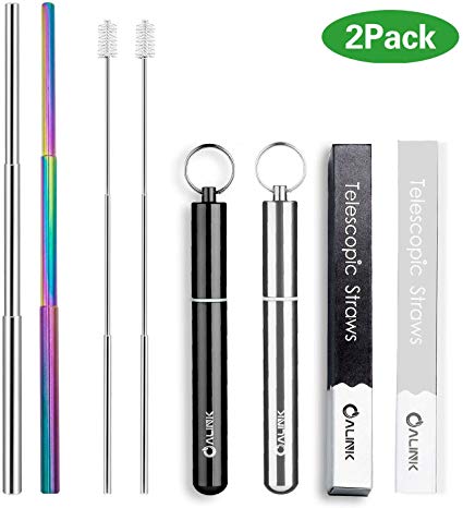 ALINK 2 Pack Rainbow Portable Reusable Collapsible Drinking Straws - Telescopic Stainless Steel Foldable Metal Straw with Aluminum Case & Cleaning Brush Black/Silver