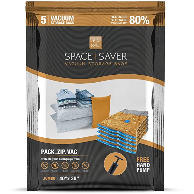 Sorbus Vacuum Storage Bags [5 Pack - 40 x 30 Inches] Reusable Space Saver Clothes Compression Bags for Home, Travel and College, Pump Included (Jumbo)