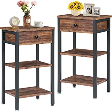 VECELO Versatile Side End Table 27.6” Tall Nightstand with Storage Shelves and Drawer for Living Room/Bedroom/Kitchen/Office, Industrial Metal Frame, Set of 2, with 2-Tier Shelf, Dark Brown