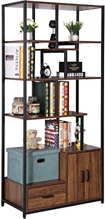 VECELO Bookcase with Drawer/Storage Cabinet,4 Tiers Storage Organizer Bookshelf for Living Room,Home Office,Vintage Black