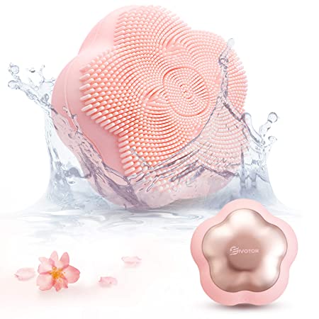 EIVOTOR Facial Cleansing Brush, Electric Silicone Face Massager Brush Ultrasonic Rechargeable, 4 Modes, Waterproof/Deep Face Cleaning/Skin Rejuvenating/Face Spa(Pink)