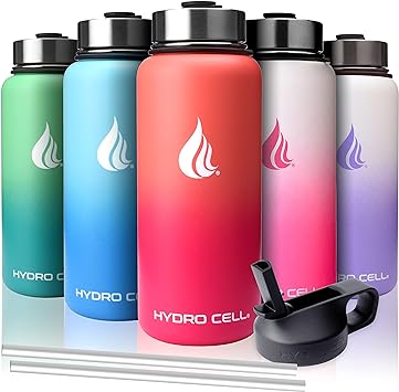 HYDRO CELL Stainless Steel Insulated Water Bottle with Straw - For Cold & Hot Drinks - Metal Vacuum Flask with Screw Cap and Modern Leakproof Sport Thermos for Kids & Adults (Blue/Black 32oz)