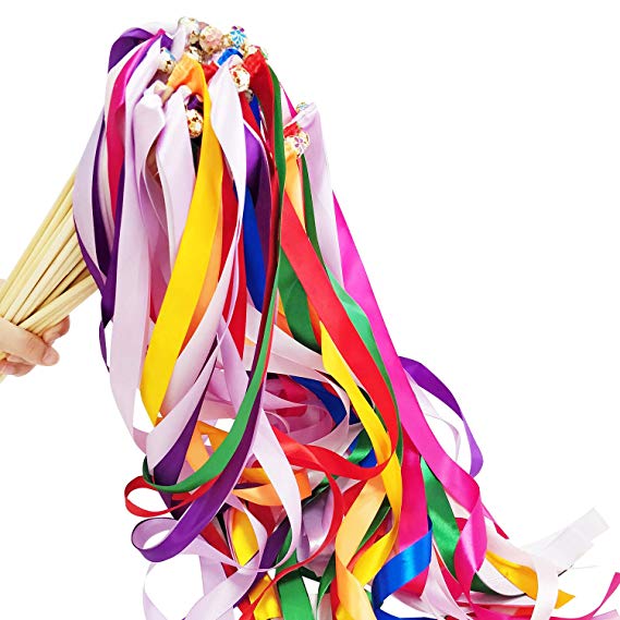Hangnuo 30 Pack Ribbon Wands Wedding Streamers with Bells, Fairy Stick Wand Party Favors for Baby Shower Holiday Celebration, Mix Color #2