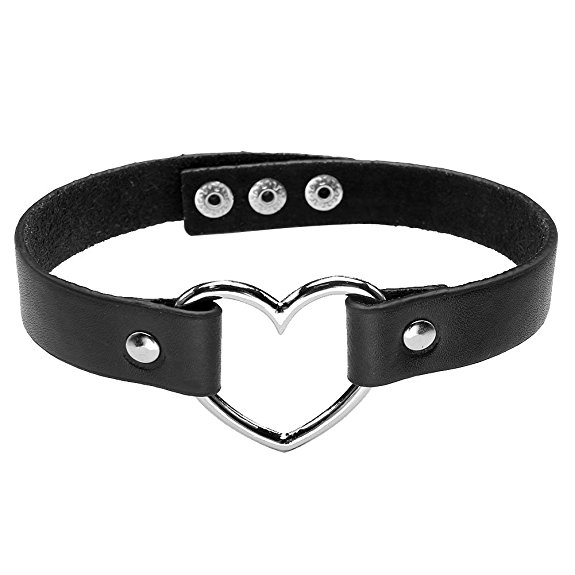 JOVIVI Girls Love Heart Choker Genuine Leather Collar Punk Goth Fans Chain Necklace