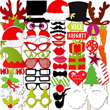 Christmas Photo Booth Props, COOLOO 50 Pieces DIY Party Favors & Supplies, New Year's Eve Decorations Art Crafts