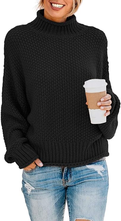 Dokotoo Womens 2023 Winter Fall Solid Turtleneck High Neck Balloon Long Sleeve Sweaters Pullover Outerwear