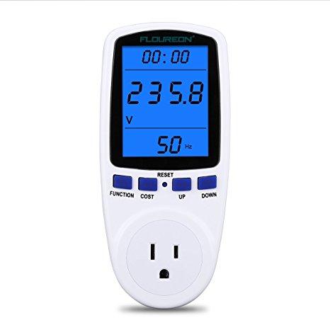 Floureon Power Meter AC 110V~130V 15A Max US Switch Plug Energy Monitor LCD Display Blue Backlight Power Consumption Cost Meter Watt Voltage Amp Meter Calculator Analyzer (TS-836B) [Energy Class A   ]