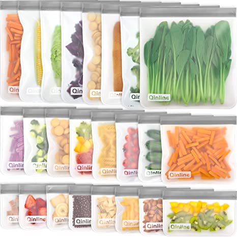 Reusable Food Storage Bags - 24 Pack BPA FREE Flat Freezer Bags(8 Reusable Gallon Bags   8 Leakproof Reusable Sandwich Bags   8 Food Grade Kids Snack Bags) Resealable Lunch Bag for Meat Fruit Veggies