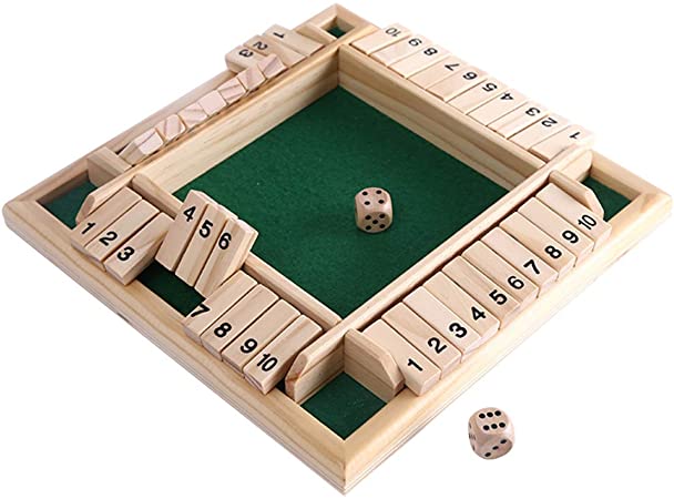 bouti1583 Shut The Box Dice Game,Classic 4 Sided Wooden Board Game Flip 10 Numbers Classic Tabletop Games for 2-4 Player(Green,8.8inch)