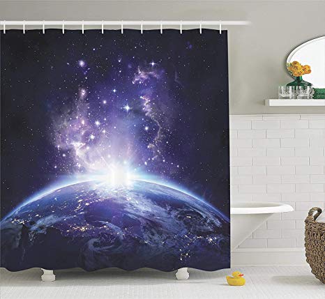 Ambesonne Outer Space Decor Collection, Earth Night View from Space Starry Sunrise Sunlights Rays from Horizon Picture, Polyester Fabric Bathroom Shower Curtain, 84 Inches Extra Long, Midnight Blue