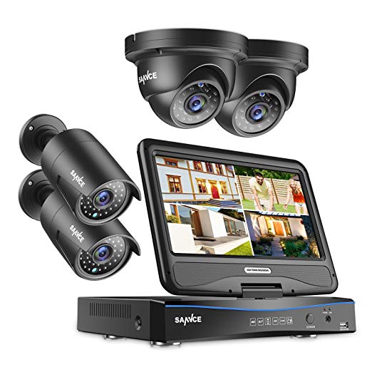 SANNCE 4-Channel 1080P 10.1" LCD Monitor (No Hard Drive Include) and (4) 1080P Cameras, Mobile Remote Motion Detection Email Alert CCTV Security System