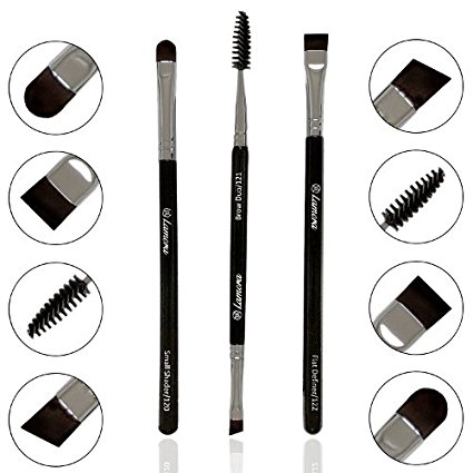 Eyebrow Brush Set - Duo Eye Brow Spoolie - Angled Eyeshadow Eyeliner - Precision Flat Definer - Small Shader - Premium Quality 3 Piece Set - Cruelty Free Synthetic Bristles - Apply Gel Powder Wax Pomade