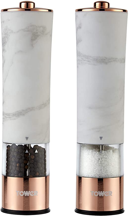 Tower Electric Salt and Pepper Mill, Battery Operated Grinding Mechanism, Marble White and Rose Gold
