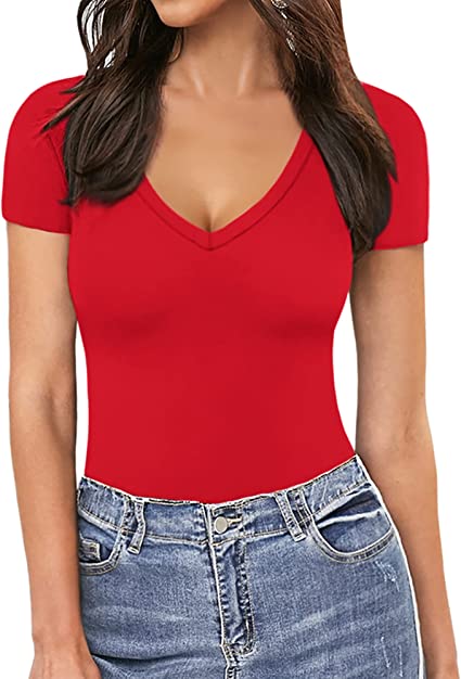 MANGOPOP Deep V Neck Short Sleeve Long Sleeve Tops Sexy Bodysuit for Women Clothing