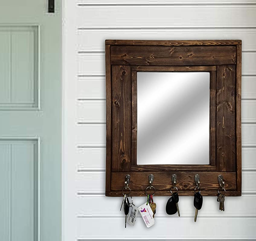 Millwood Mirror with Hooks, 20 Stain Colors – Rustic Decor, Decorative Mirror, Wall Hook, Wall Decor, Home Decor, Hook Rack, Shown In Special Walnut Stain