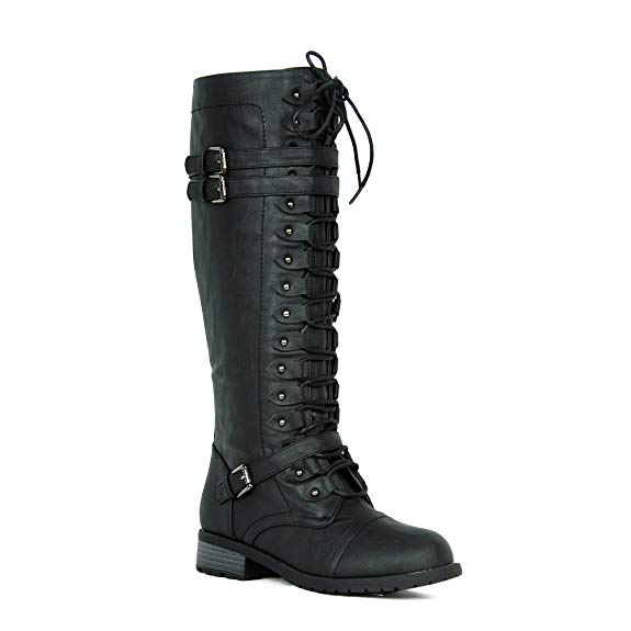 WEST COAST Women's Knee High Riding Boots Lace Up Buckles Winter Combat Boots