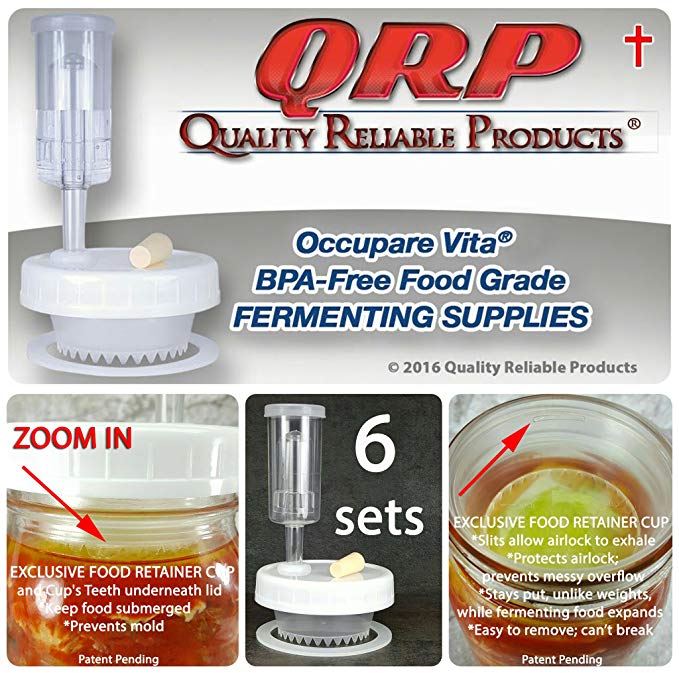 6 QRP No Messy Overflow No Weights Needed Mold-Proof Mason Jar Fermentation Kits with Exclusive Food Retainer Cups keep food submerged in brine (3 REGULAR MOUTH & 3 WIDE MOUTH KITS)