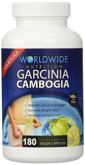 80% HCA Garcinia Cambogia Weight Loss Supplement * 1400mg Per Serving * 180 Capsules - 30 Day Money Back Guarantee By - Worldwide Nutrition