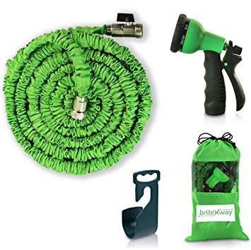 Expendable Garden Hose - 50 Ft Retractable, Lightweight & Flexible - 8 Pattern Function Gardening Spray Nozzle Watering Included - Enhanced Brass Fitting Connectors - Free Hanger & Storage Bag Holder