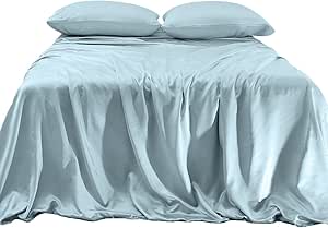 Elegant Comfort Luxurious 4-Piece Silky Satin Sheet Set, Skin and Hair Friendly, Wrinkle, Fade, Stain Resistant with Deep Pockets Fitted Sheet, Cooling Soft Satin Sheet Set, King, Baby Blue