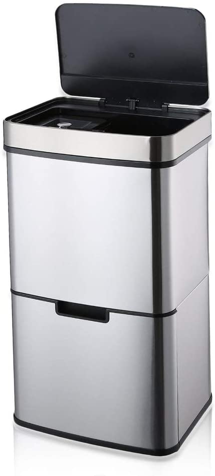 Homgrace Recycling Sensor Trash Can, Double Recycle Garbage Bin for Home Office Kitchen Waste with Automatic Motion Detection Lid & Compost Bin 16 Gallon/ 17 Gallon / 19 Gallon (Silver 72L/19Gallon)