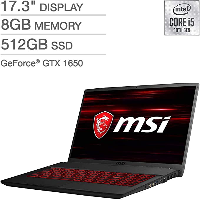 2020 MSI GF75 Thin Gaming Laptop: 10th Gen Core i5-10300H, 512GB SSD, 17.3" Full HD 120Hz Display, NVIDIA GTX 1650, 8GB RAM