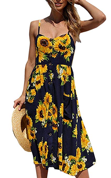 Genhoo Women Sleeveless Dress Floral Bohemian Spaghetti Strap Casual Button Midi Sundresses with Pockets