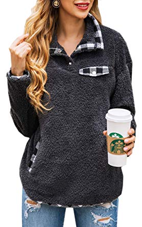 Angashion Women's Sweatshirt-Casual Fuzzy Sherpa Fleece Button Collar Pullover Sweatshirt Outwear Tops Coat with Pockets