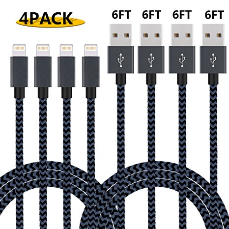 Additt iphone Cable 4Pack 6FT Nylon Braided 8 Pin Lightning to USB Charger Cable Cord iPhone Cable Compatible with iphone 7/7plus se 6s 6s plus 6plus 6 5s 5C 5 iPad iPod Mini and More (Black&Gray)
