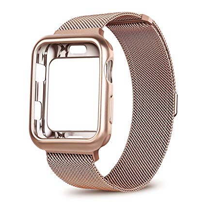 OROBAY Compatible with Apple Watch Band Case 38mm, Stainless Steel Magnetic Milanese Loop Band with Soft TPU Case Compatible with Apple Watch Series 3 Series 2 Series 1, Gold