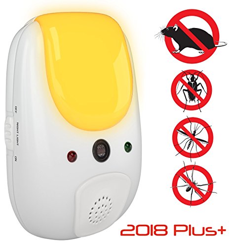 SANIA 2018 Pest Repeller - effective sonic defense repellant keeps roaches, spiders, mosquitos, mice, bed bugs away - electronic ultrasonic deterrent for inside your home - relaxing amber night light