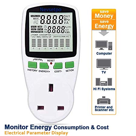 Nevsetpo Power Meter UK Plug Energy Monitor Power Consumption Electricity Usage Monitor Cost Meter Calculator Watt Voltage Amp Meter with Overload Protection (Upgraded)
