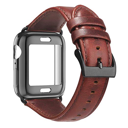 BRG Leather Bands for Apple Watch Band 44mm 42mm with Case, Men Women Replacement Genuine Leather Strap for iWatch Series 4 3 2 1 Sport and Edition