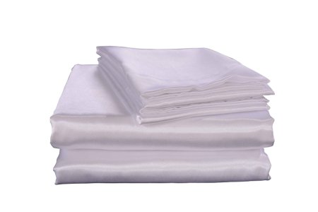 Honeymoon Satin 4PC Bedding Sheet Set, Wrinkle Free, Super Silky Soft Luxury Sheet & Pillowcase Sets - Full, White