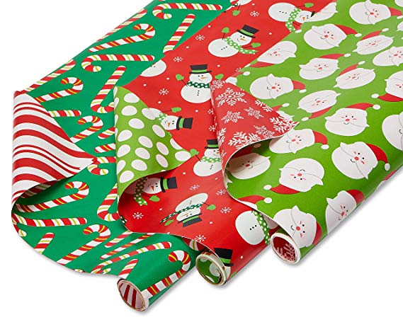 American Greetings Reversible Christmas Wrapping Paper Bundle, 3 Rolls; Santa, Snowmen and Candy Canes, 120 Total sq.ft.