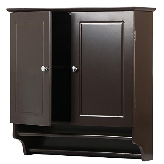 Yaheetech Bathroom/Kitchen Wall Mounted Cabinet Double Door & Hanging Bar Storage Cupboard, Espresso