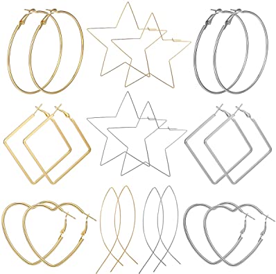 AIDSOTOU 10 Pairs Big Hoop Earrings Set for Women Girls Gold Plated Rose Gold Plated Silver Stainless Steel Hoop Earrings Fashion Large Earrings for Sensitive Ears