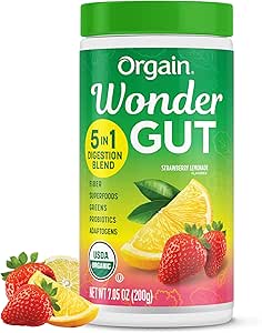 Orgain Organic Wonder Gut Fiber Supplement Powder, 5 in 1 Blend with 1 Billion Probiotics, Greens, Vitamin C, Adaptogens for Gut Health and Immune Support, Non-GMO, Strawberry Lemonade, 7.05 oz