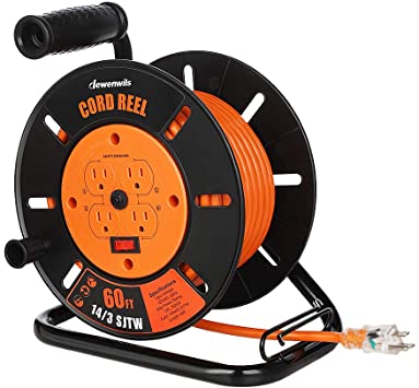 DEWENWILS 60FT Open Cord Reel, Heavy Duty Extension Cord Reel with 4-Grounted Outlets, Hand Wind Retractable, 14/3 AWG SJTW, 13 Amp Circuit Breaker, ETL Listed