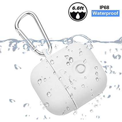 Airpods Waterproof Case, IP68 Waterproof Dust-Proof 360° Protective Airpods Cover and Skin with Anti-Lost Key Chain Accessories Hang Case Holder for Airpods Charging Case (White)