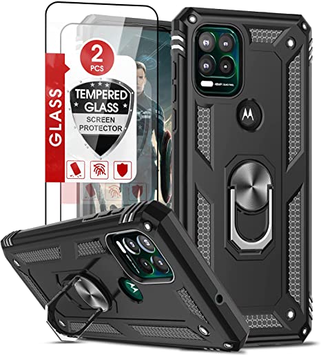 Moto G Stylus 5G Case, Motorola G Stylus 5G Case with [2 Pack] Tempered Glass Screen Protector, LeYi [Military Grade] Protective Phone Case Cover with Kickstand Ring for Motorola G Stylus 5G, Black