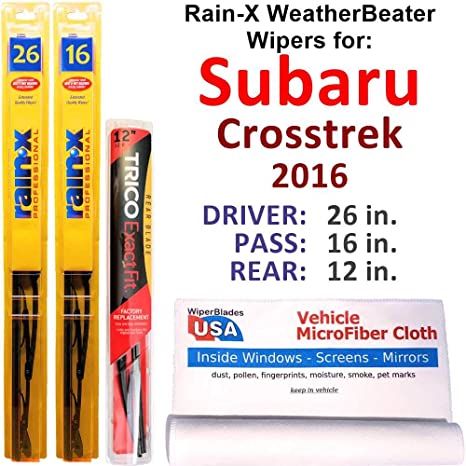 Rain-X WeatherBeater Wipers for 2016 Subaru Crosstrek Set w/Rear Rain-X WeatherBeater Conventional Blades Wipers Set Bundled with MicroFiber Interior Car Cloth