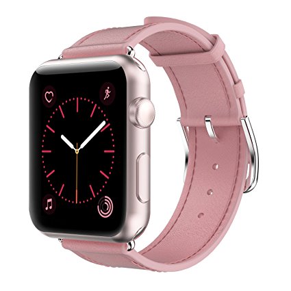 Yearscase 38MM Genuine Leather Replacement Band with Classic Metal Adapter Clasp Single Tour for Apple Watch Series 1 Series 2 Nike  Hermes&Edition - Pink